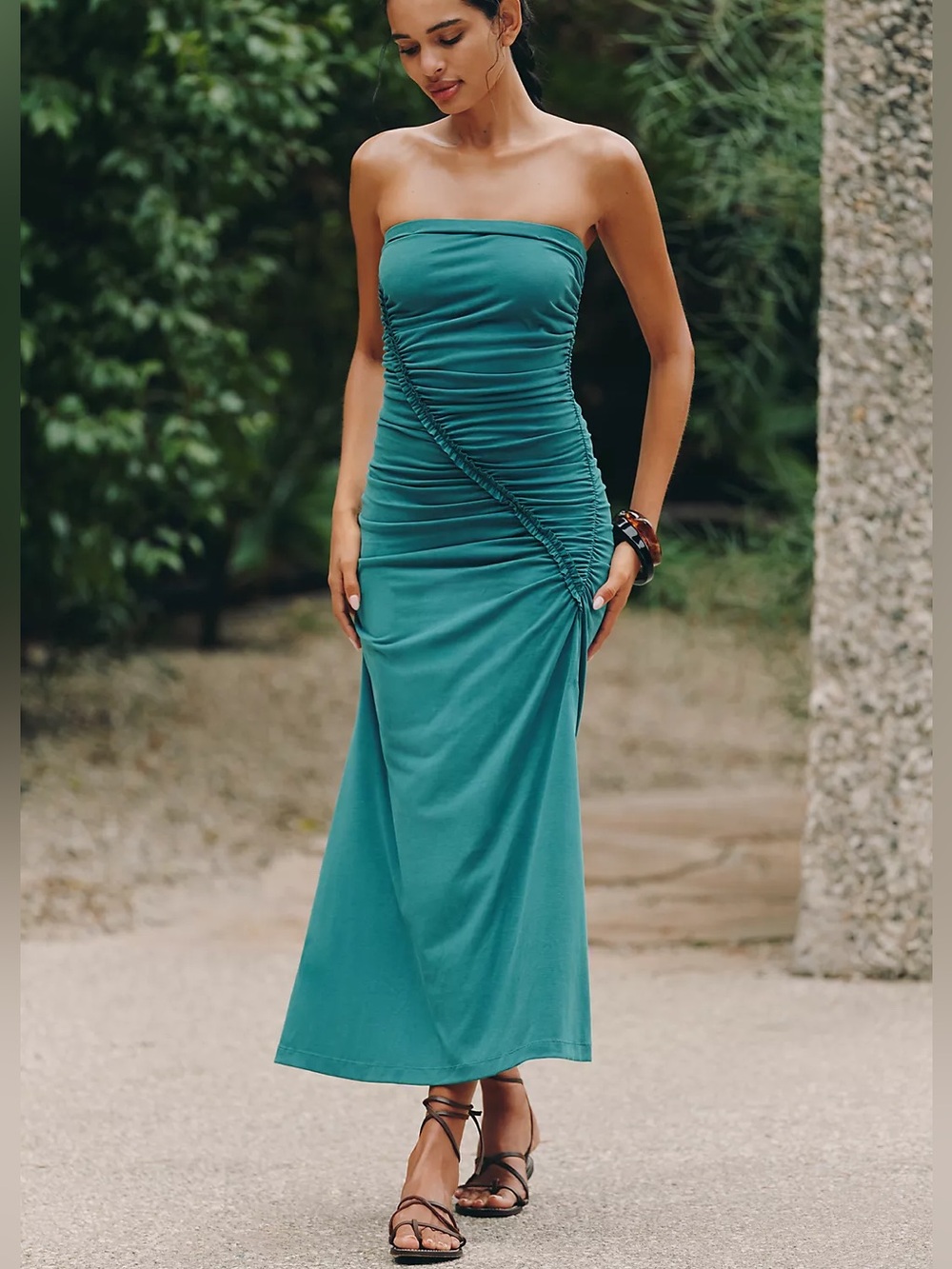 By Anthropologie Strapless Teal Ruched Maxi Dress